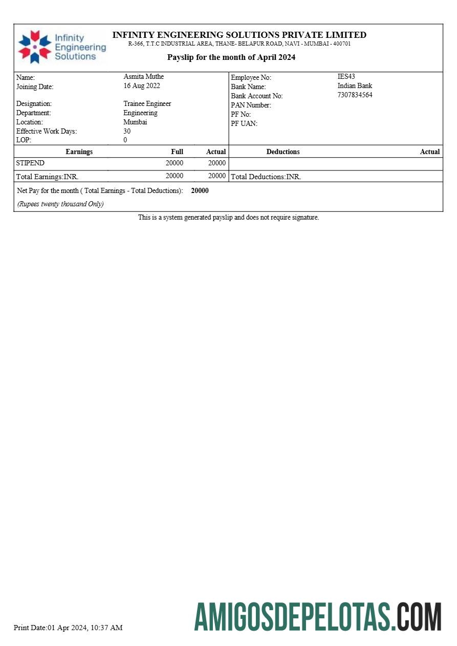 Para download Modelo de recibo de pagamento da Infinity Engineering Solutions em formatos Word e PDF.pdf, 1
